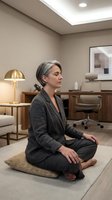 Mature woman with gray hair, Caucasian ethnicity, wearing dark business blazer, sitting cross-legged on floor in modern office environment practicing mindfulness meditation during work break.