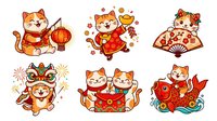 Cute orange cats in traditional Asian attire celebrating festivals with lanterns, fireworks, fans, and gold coins, isolated on white background for design projects.