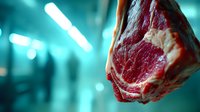 Fresh raw beef steak with marbling hanging in meat processing facility with blue-tinted industrial lighting in background.