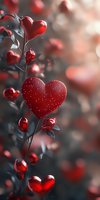 Red heart-shaped flowers and buds on gray branches with sparkles and bokeh effect create romantic Valentine's Day or love concept atmosphere.