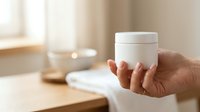 Unisex hand holding white cosmetic jar with lid in bright bathroom setting, suitable for skincare, beauty product marketing and wellness advertising.
