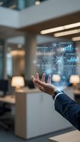 Businessman hand displaying holographic data analytics dashboard with charts and graphs in modern office environment for digital transformation concepts.