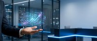 Businessman displaying holographic financial data analytics with growth charts and statistics in modern office environment for business presentations.