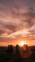 Group of women holding hands in circle during golden hour sunset with dramatic pink orange sky clouds for spiritual wellness meditation retreat concepts.