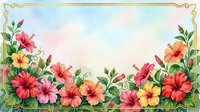 Watercolor hibiscus floral frame with colorful red, pink, orange, and yellow blooms on a soft pastel background with gold border.