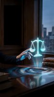 Lawyer touching glowing scales of justice hologram on desk with law books and city skyline, representing legal services, justice, and law practice.