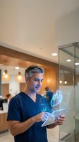 Middle-aged Caucasian male doctor in navy scrubs using futuristic holographic medical technology interface in modern hospital setting for healthcare innovation.