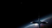 Futuristic spacecraft with sleek design hovering above planet surface against cosmic backdrop with glowing light rays, suitable for sci-fi projects and space exploration themes.
