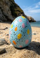 Speckled blue Easter egg with colorful spots on sandy beach against coastal cliff backdrop. Natural sunlight highlights festive spring decoration outdoors.