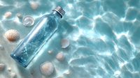 Blue glass bottle floating in turquoise water with seashells and sunlight reflections creating dreamy underwater scene for spa, wellness, and marine concepts.