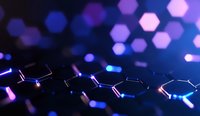 Glowing hexagonal shapes with neon purple and blue lights creating futuristic molecular structure pattern against dark background for technology concept.