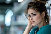 Young Caucasian woman in teal medical scrubs looking pensive and worried with hand on face against blurred hospital background with bokeh lights, showing healthcare worker stress.
