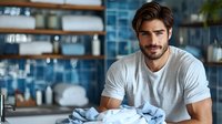 Young bearded man in white t-shirt smiling while folding clean laundry at home. Modern apartment interior with blue tile wall and wooden shelves in background.
