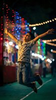 Young man jumping with arms raised celebrating at night carnival with colorful bokeh lights and festive atmosphere creating joyful moment.
