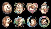 Cute hedgehog clipart set with 8 watercolor designs, isolated on transparent background. Great for stickers, t-shirt design, print on demand, and sublimation crafts.