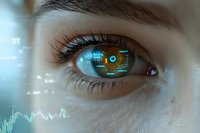 Close up view of brown eye with digital technology interface reflection showing futuristic data visualization and biometric scanning elements.