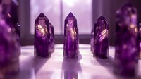 Purple amethyst crystal points arranged in spiritual healing display with soft lighting and mystical atmosphere for meditation and wellness practices.