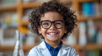 Young boy with curly dark hair and glasses wearing white lab coat over blue shirt, smiling in laboratory setting with blurred shelves and equipment behind him for science education.