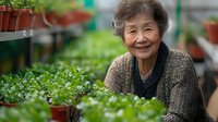 Happy senior Asian woman gardening with green plants in greenhouse nursery smiling while tending to potted seedlings and herbs for organic farming.