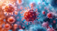 Microscopic view of red virus cells with spike proteins floating in blue fluid environment, medical science concept for disease research.