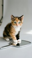 Adorable calico kitten with blue eyes sitting on veterinary scale during health checkup at animal clinic for pet care and medical examination.
