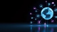 Global digital network with holographic Earth surrounded by technology icons on dark futuristic background for business presentations and tech concepts.