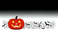 Jack-o-lantern pumpkin with glowing face surrounded by flying bats and ornamental swirls on isolated white background, suitable for Halloween designs and seasonal decorations.