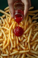 Pouring red ketchup sauce from glass bottle onto crispy golden french fries, close-up macro food photography with dark background for menu design.