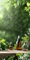 Essential oil bottles on wooden surface against green natural background. Aromatherapy and organic skincare concept with fresh leaves and botanical elements.
