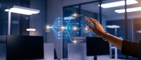 Professional hand interacting with holographic digital network interface displaying connected nodes and data visualization in modern office environment.