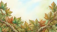 Autumn maple leaves in shades of green, orange and gold arranged on branches against soft watercolor sky background. Seasonal foliage illustration.
