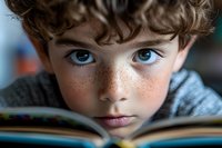 Young Caucasian boy with curly hair and freckles reading book with intense blue eyes focused on learning and education in cozy indoor setting.