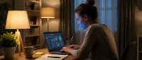 Woman working late at night on laptop with smart home control interface displayed on screen in modern home office setting.