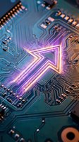 Glowing star symbol on circuit board with purple neon light effects and electronic components for technology and innovation concepts.