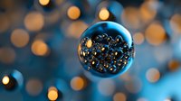 Floating crystal ball with golden bokeh lights reflecting and refracting through water drops, creating magical atmosphere on blue background. For festive designs.