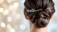 Elegant twisted updo hairstyle adorned with crystal hair accessory against soft bokeh background. Wedding day hair inspiration for bridal styling.