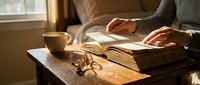 Cozy morning reading scene with open books, coffee cup, and glasses on a wooden table in warm sunlight by a window.