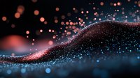 Glowing wave of sparkling particles with coral and blue bokeh lights floating on dark background creates magical atmospheric effect. Abstract motion design.