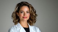Young female medical professional with wavy brown hair wearing white lab coat and black top against neutral background, confident smile and direct gaze.
