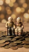 Elderly couple figurines sitting on coins with warm bokeh background representing retirement savings and financial planning for senior years.