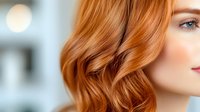 Young woman with natural ginger wavy hair and glowing skin in soft focus profile portrait against blurred background. Professional hairstyling and beauty concept.