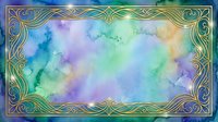 Watercolor gradient background with soft blending of blue, purple, green, and yellow hues, framed by ornate gold decorative border. Suitable for presentations, invitations, and design projects.