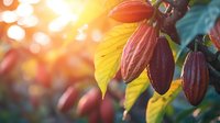 Fresh cacao pods growing on tree branch with green leaves in warm sunset light, natural bokeh background creates dreamy tropical atmosphere.