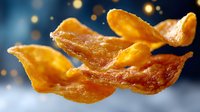 Crispy golden potato chips floating in air with bokeh lights background, macro food photography capturing delicious snack moment in motion.