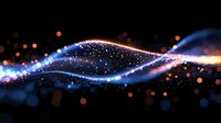 Glowing blue and orange light waves with sparkles and bokeh effects flowing through dark space create magical energy stream background.