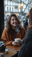 Young woman laughing while enjoying coffee with friend at cozy cafe window seat during winter day in urban setting.