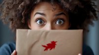 Young woman with curly afro hair peering over brown paper package with red leaf stamp, showing surprised wide eyes, expressing excitement about delivery.