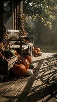 Cozy autumn porch with wooden rocking chair surrounded by orange and green pumpkins, corn stalks and warm sunlight filtering through trees for seasonal decor.