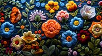 Vibrant floral relief artwork featuring colorful dimensional flowers including roses, daisies and peonies against dark background, folk art style composition.