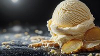 Creamy vanilla ice cream scoop on rustic wooden surface with candied ginger slices and crumbs, dramatic dark background with bokeh lights creates gourmet dessert mood.